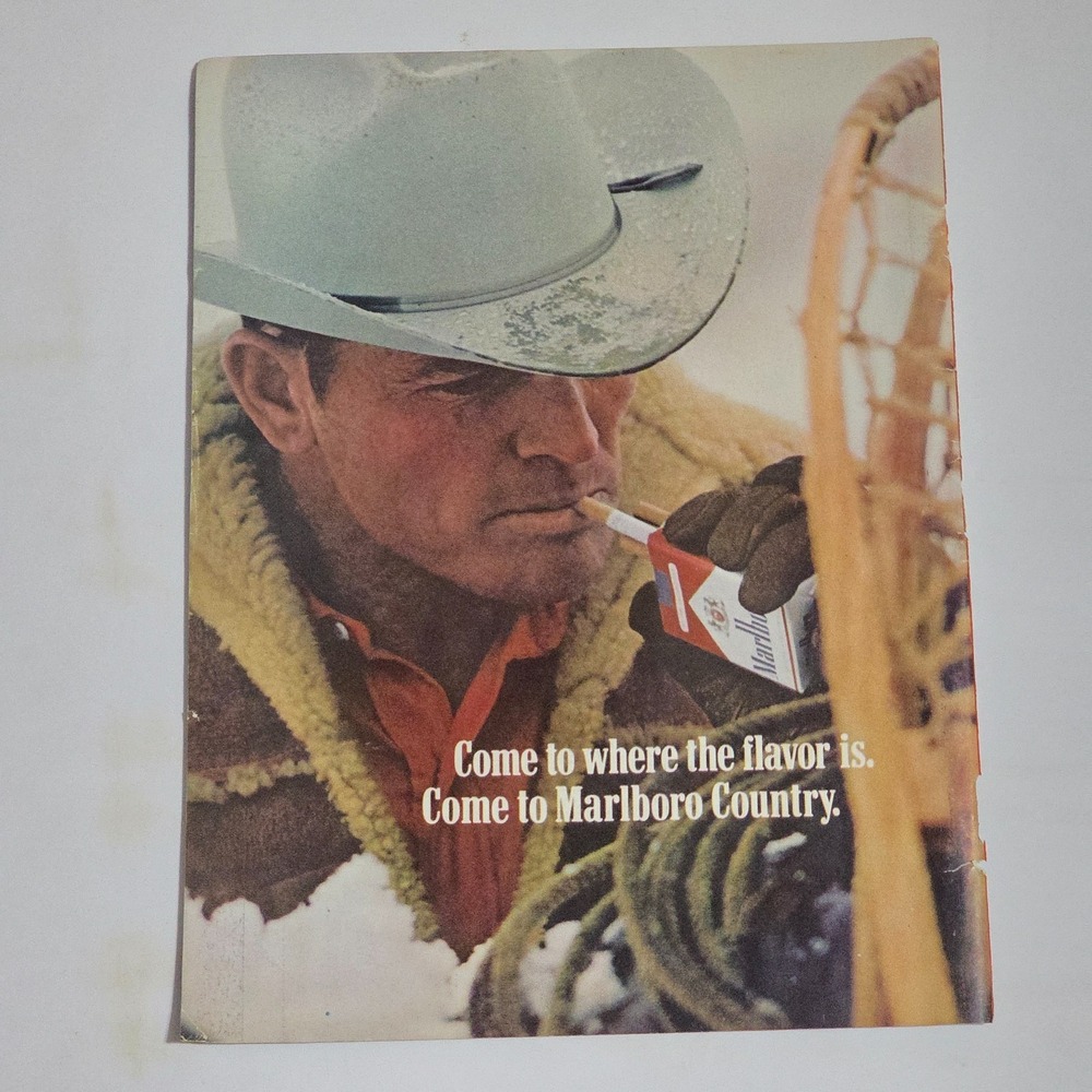 Vintage 1971 Marlboro Print Ad Cowboy Snow Smoking Advertising 8.25x11 Original